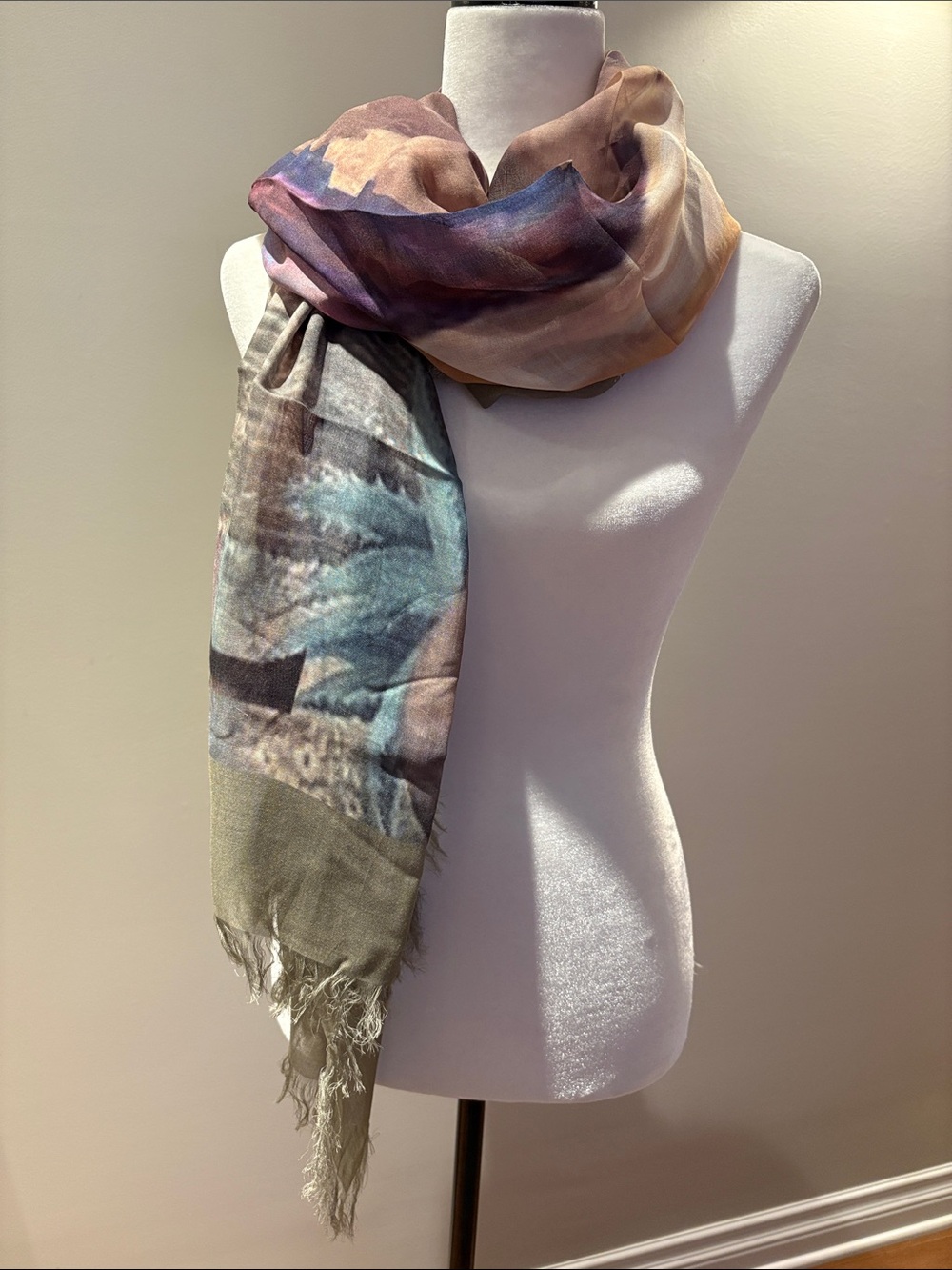 Multicolor Sheer Printed Art Scarf or Wrap in Blue, Purple, Tan